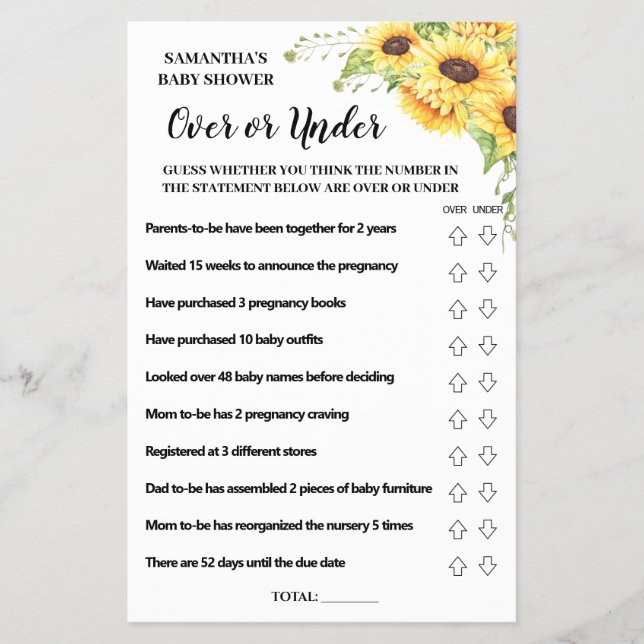 Over or under baby shower bilingual game card flyer (Front)