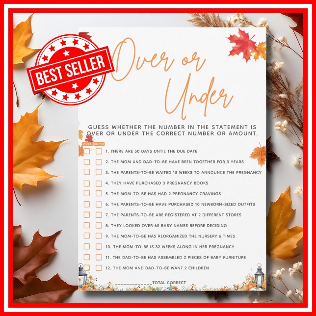 OVER OR UNDER Baby Shower Game A Little Pumpkin Invitation (OVER OR UNDER Baby Shower Game with Answers A Little Pumpkin is on the Way Theme )
