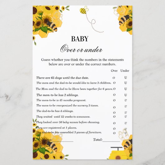 Over or under baby shower game bee themes (Front)