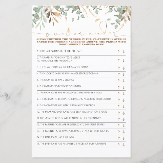 Over or Under Baby Shower Game Card (Front)