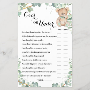Over or Under Bear Greenery Baby Shower Game Card Flyer