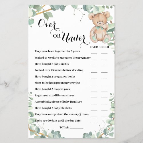 Over or Under Bear Greenery Baby Shower Game Card Flyer