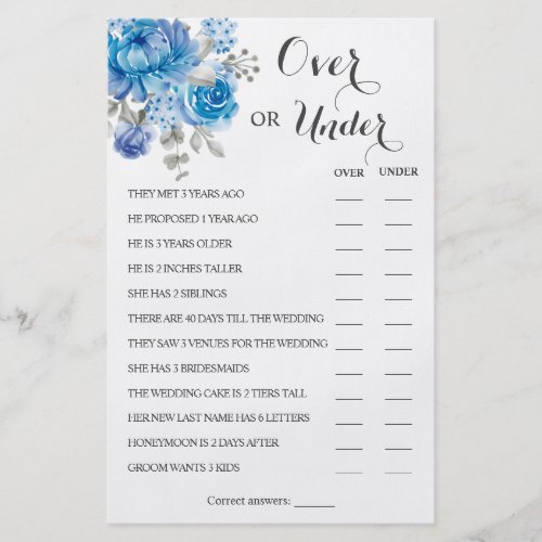 Over or Under Blue Flower Couples Shower Game Card Flyer