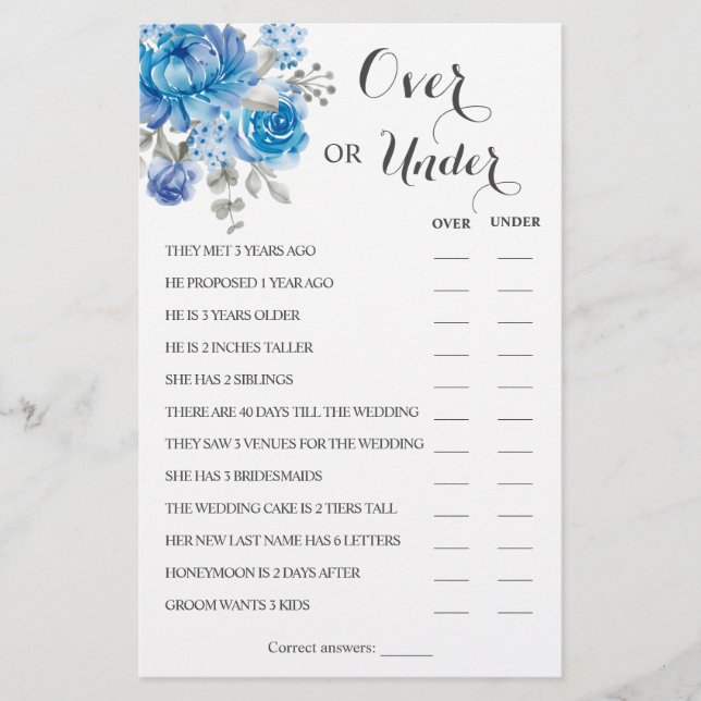 Over or Under Blue Flower Couples Shower Game Card Flyer (Front)
