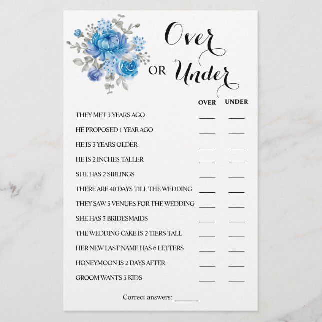 Over or Under Blue Flower Couples Shower Game Card Flyer (Front)