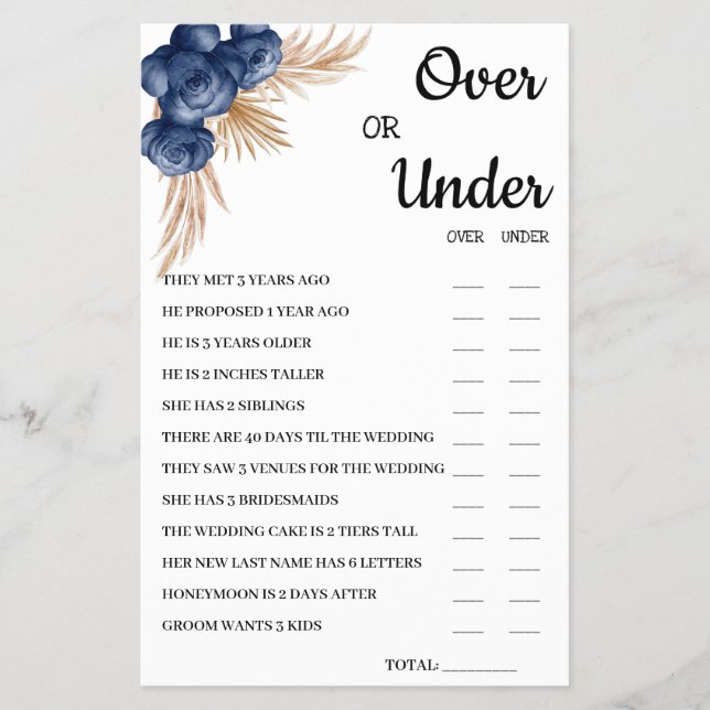 Over or Under Blue Flowers Bridal Shower Game Card Flyer (Front)