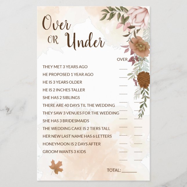 Over or Under Boho Autumn Bridal Shower Game Card Flyer (Front)