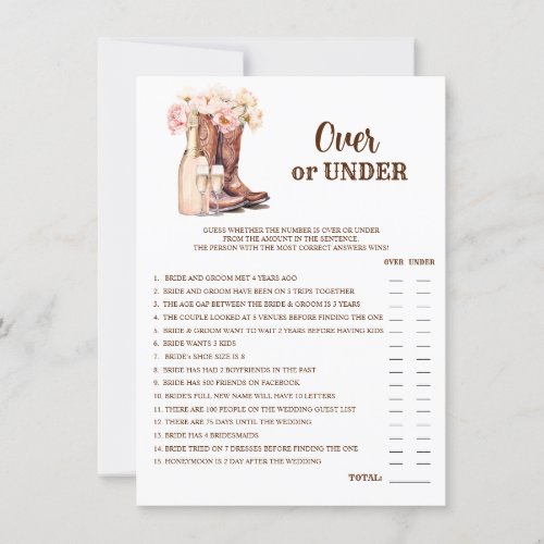 OVER or UNDER Boots Bubbly Bridal Shower GAME Invitation