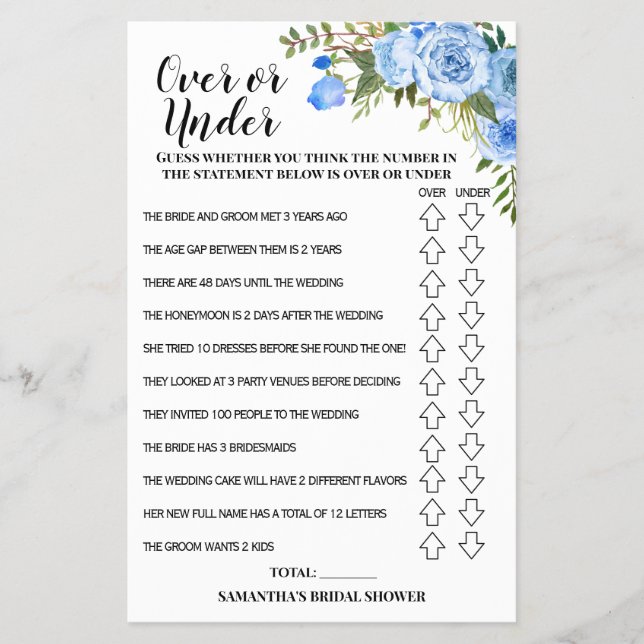 Over or Under Bridal Shower Blue Flowers Game Card Flyer (Front)