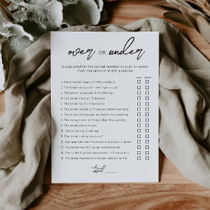 Over or Under Bridal Shower Editable game card