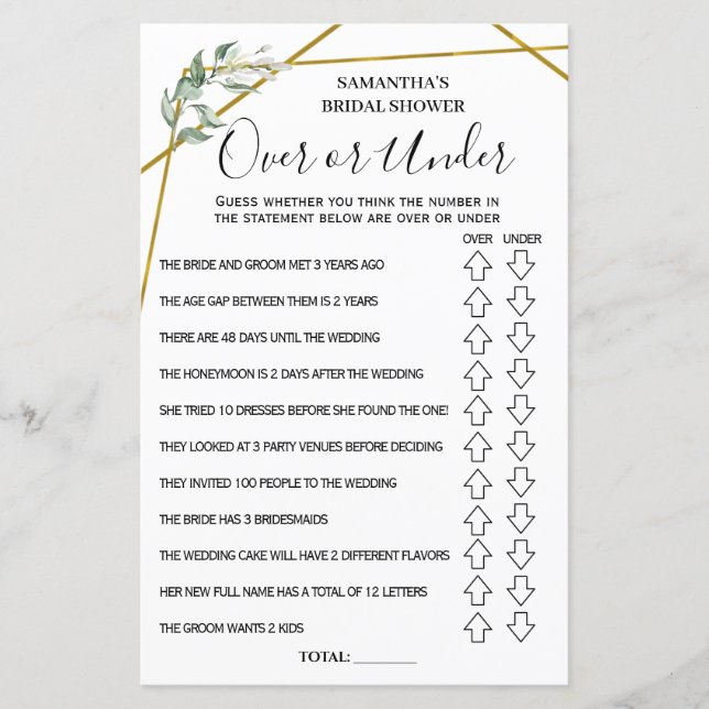 Over or Under bridal shower english spanish game (Front)