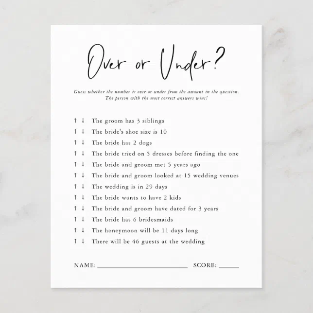 Over or Under | Bridal Shower Game | Zazzle