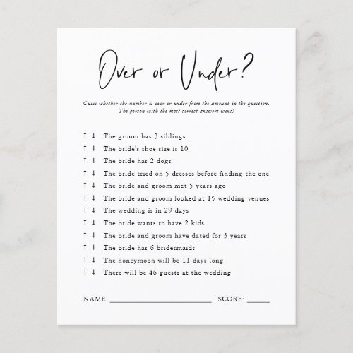 Over or Under  Bridal Shower Game