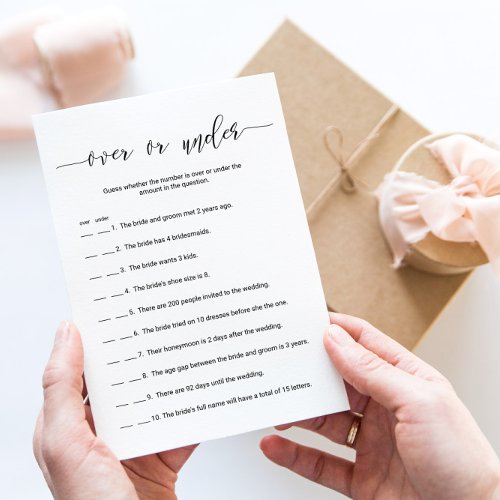 Over or Under Bridal Shower Game Card