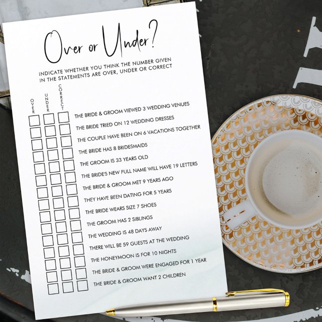 Over or Under Bridal Shower Game Green Wash (Over or Under bridal shower guessing game for guests)