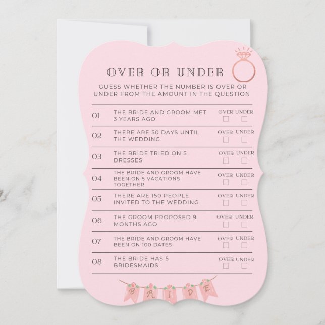Over or Under Bridal Shower Game Note Card (Front)