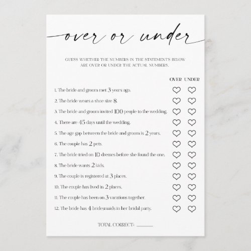 Over or Under Bridal Shower Game Program