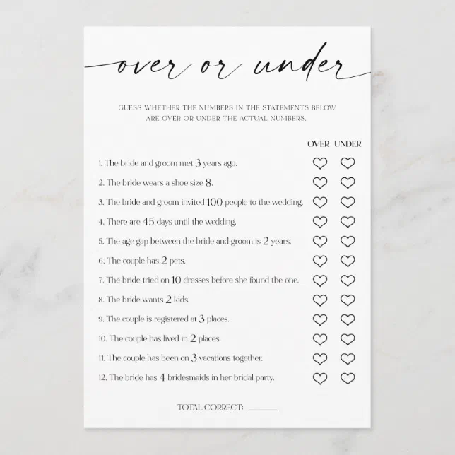 Over or Under Bridal Shower Game Program | Zazzle