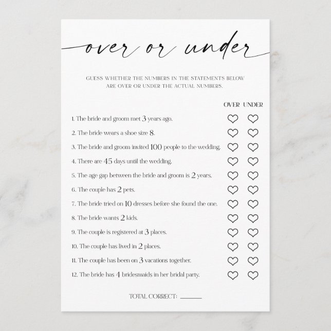 Over or Under Bridal Shower Game Program (Front)