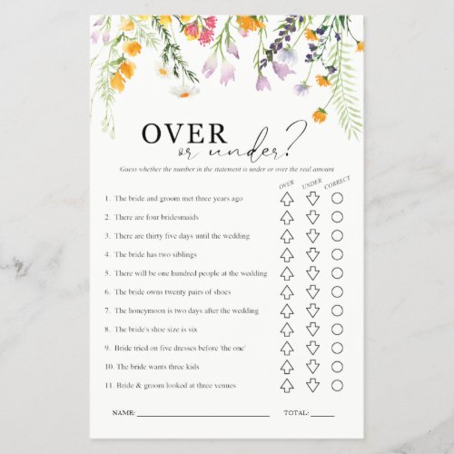 Over or Under Bridal Shower Game Wildflowers  Flyer