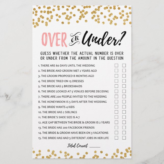 Over or Under Bridal Shower or Hen Party game (Front)
