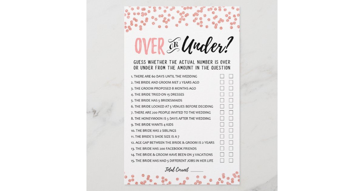 Over or Under Bridal Shower or Hen Party game | Zazzle