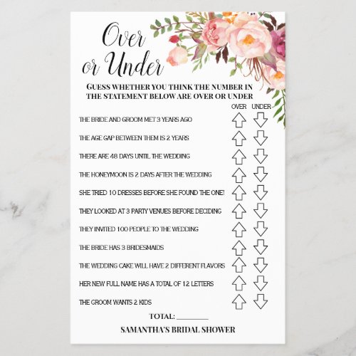 Over or Under Bridal Shower Pink Flowers Game Card Flyer