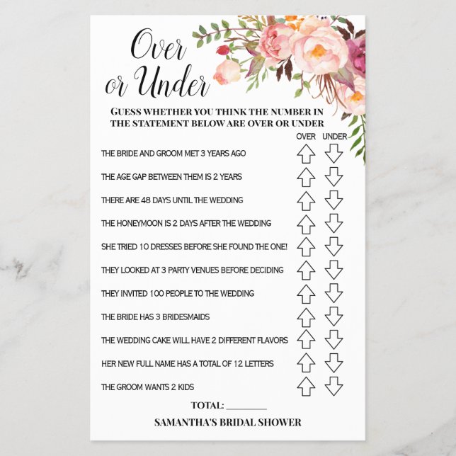 Over or Under Bridal Shower Pink Flowers Game Card Flyer (Front)