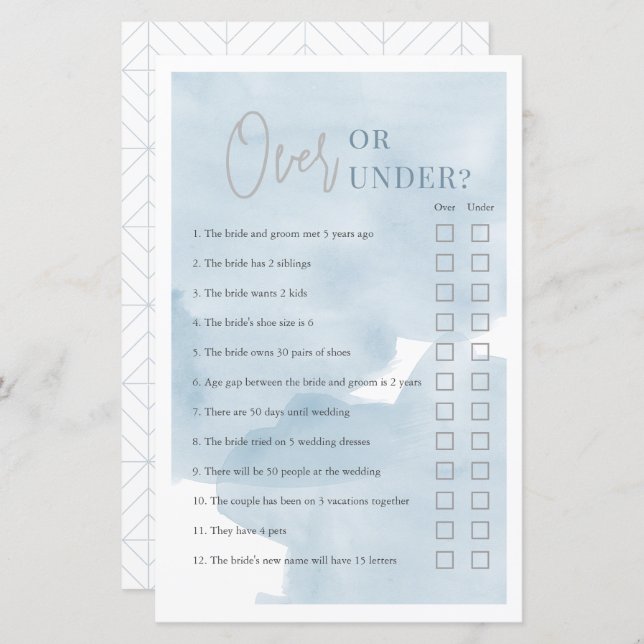 Over or Under Bue Sky Bridal Shower Game (Front/Back)