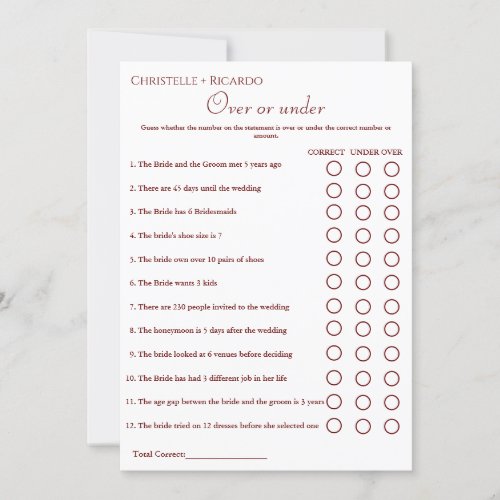  Over or under burgundy  bridal shower game Announcement