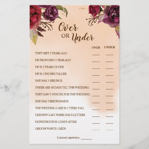 Over or Under Burgundy Couples Shower Game Card Flyer