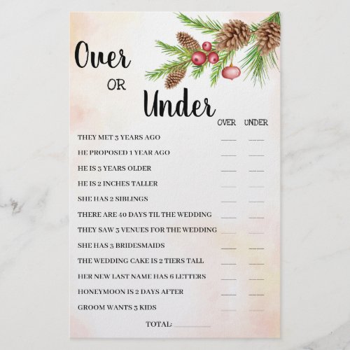 Over or Under Christmas Bridal Shower Game Card Flyer