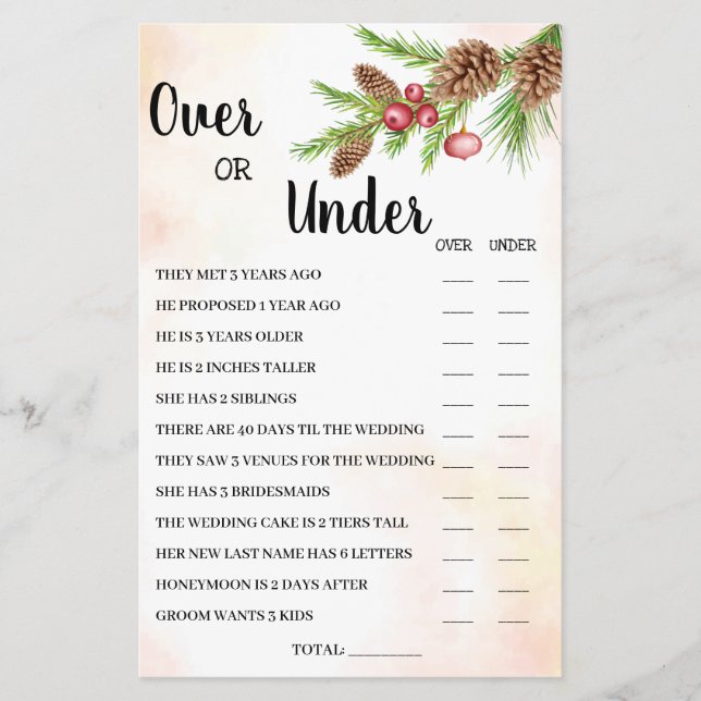 Over or Under Christmas Bridal Shower Game Card Flyer (Front)