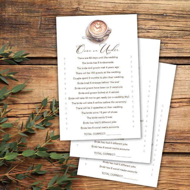 Over or Under coffee fall bridal shower game (Over or Under love is brewing coffee cappuccino fall bridal shower games card)