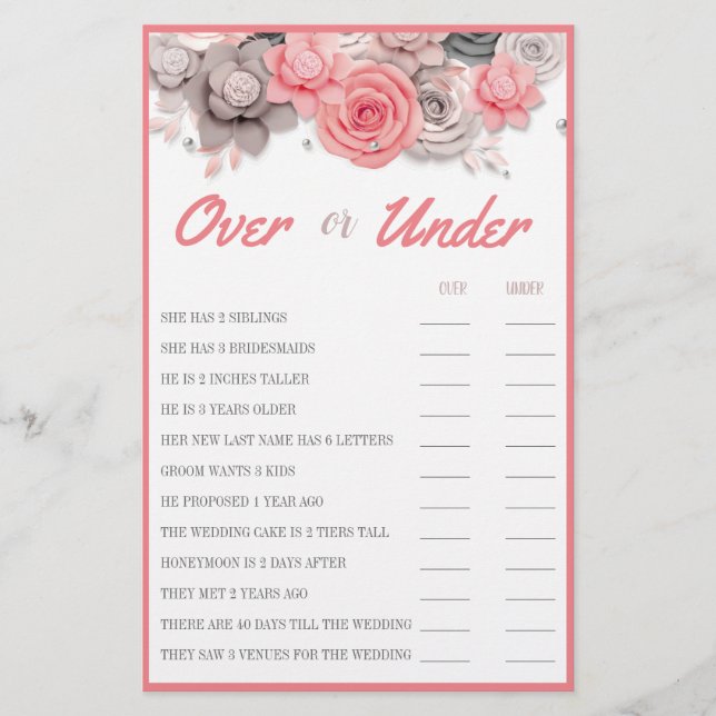 Over or Under Couple Shower Game Card Flyer (Front)
