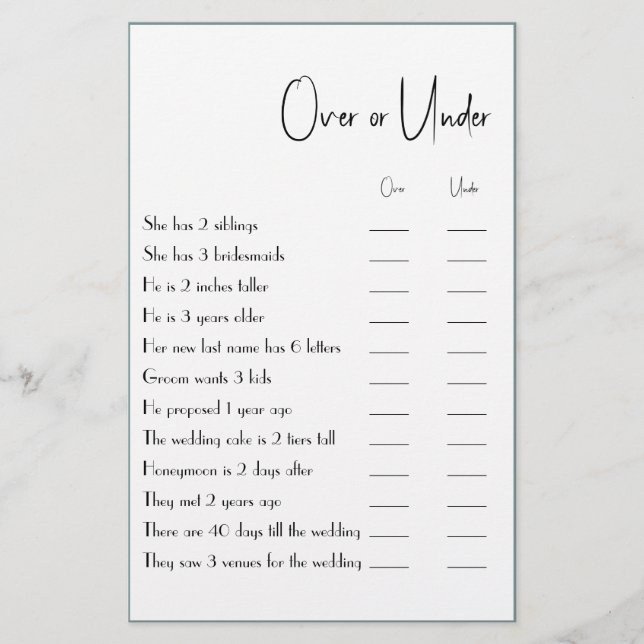 Over or Under Couple Shower Game Flyer (Front)