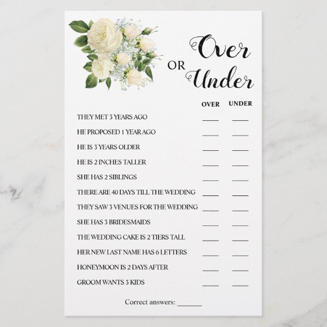 Over or Under Couples Shower Game Card Flyer (Front)