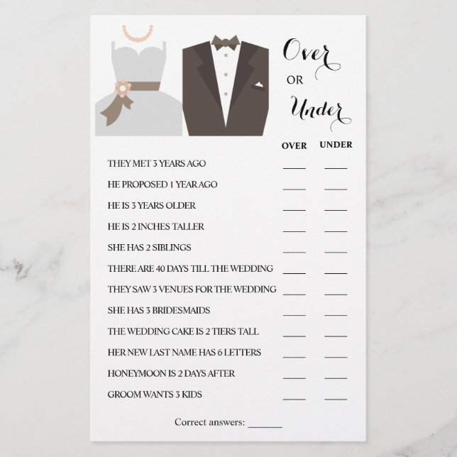 Over or Under Couples Shower Game Card Flyer (Front)