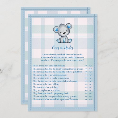 Over or Under Cute Gray Bear Boy Shower Game Invitation