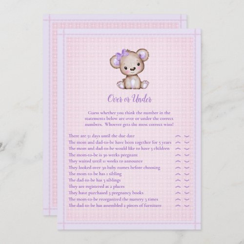 Over or Under Cute Purple Girl Bear Game Card