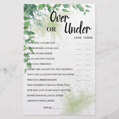 Over or Under Eucalyptus Bridal Shower Game Card Flyer