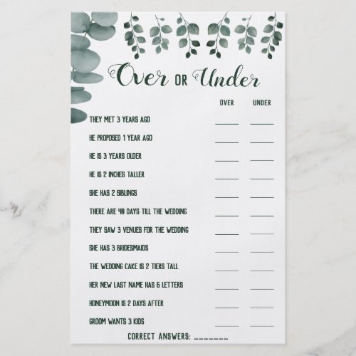 Over or Under Eucalyptus Couples Shower Game Card Flyer