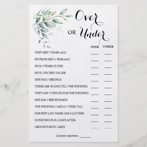 Over or Under Eucalyptus Couples Shower Game Card Flyer