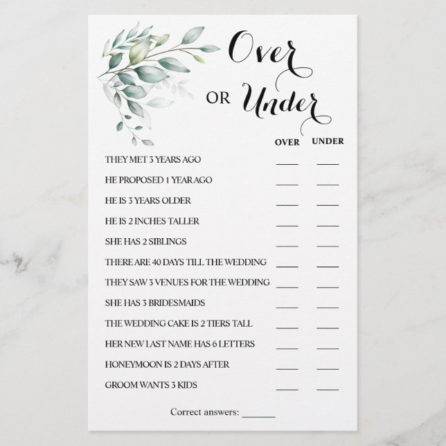 Over or Under Eucalyptus Couples Shower Game Card Flyer (Front)