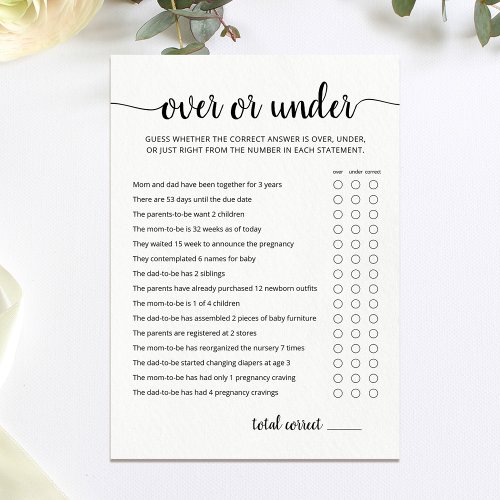Over or Under Game Baby Shower party Card