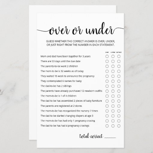 Over or Under Game Baby Shower party game | Zazzle