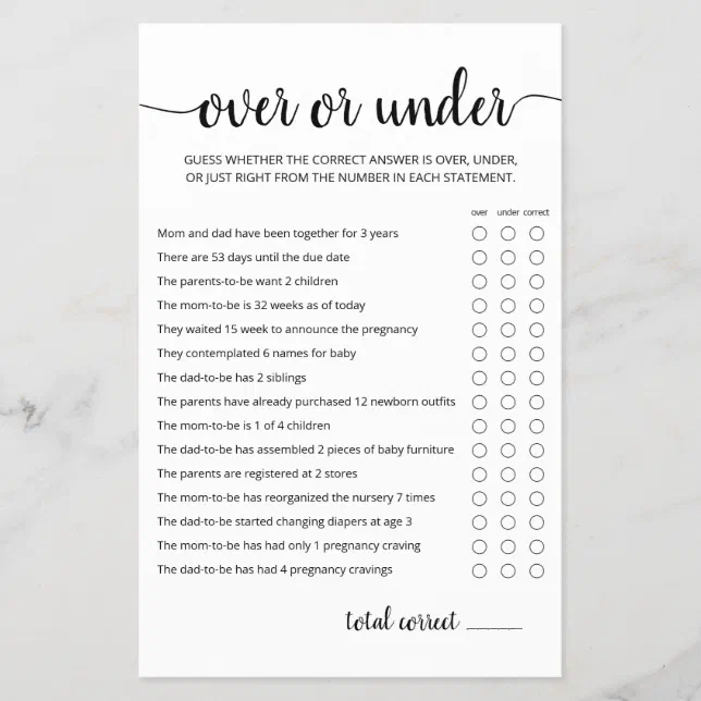Over or Under Game Baby Shower party game | Zazzle