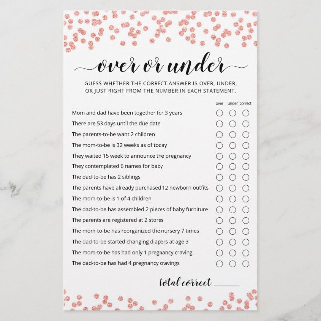 Over or Under Game Baby Shower party game (Front)