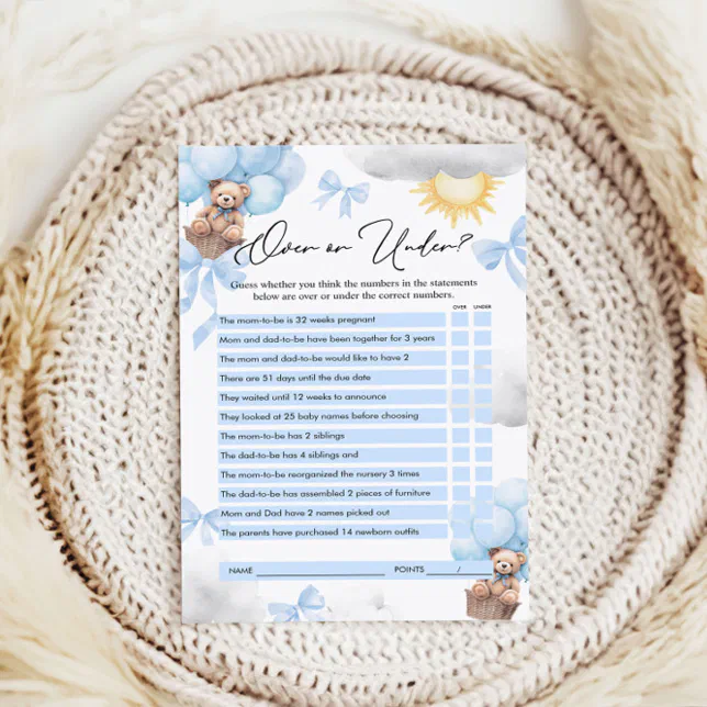 Over or Under Game, Bear Baby Shower Game | Zazzle