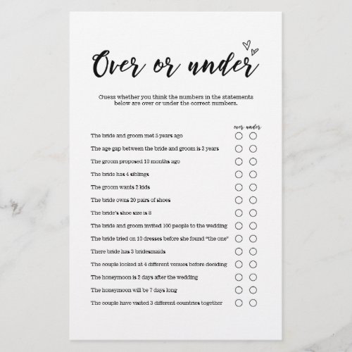 Over or Under Game for Wedding or Bridal Shower